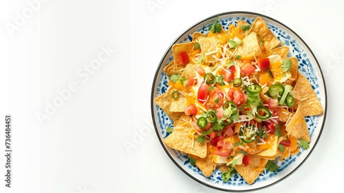 Nachos chips on a plate with cheese sauce in the middle isolated on white background, top view .