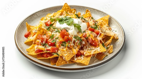 Nachos chips on a plate with cheese sauce in the middle isolated on white background, top view
                        .