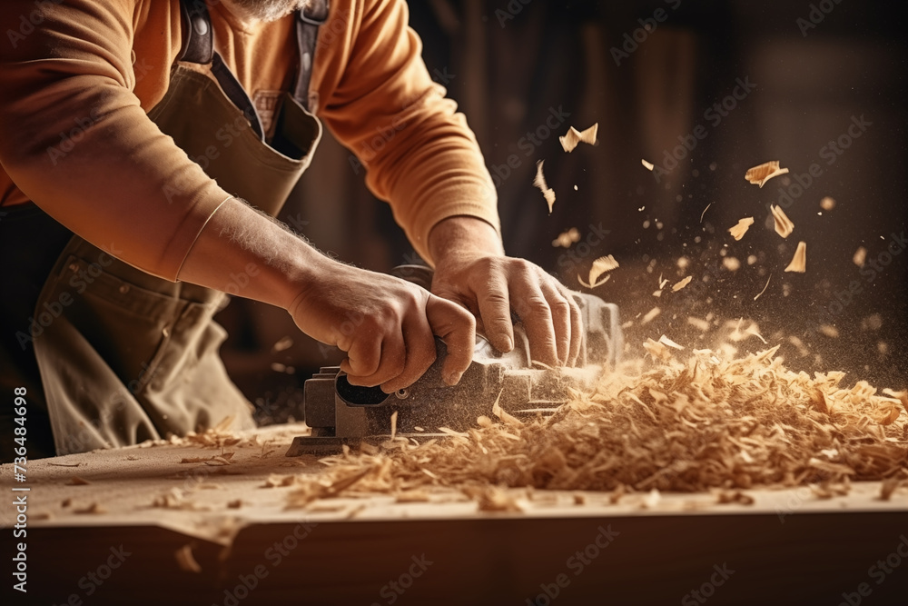 Schreiner arbeitet in der Schreinerei mit Holz, Holzspäne fliegen beim hobeln durch die Luft, Nahaufnahme Hände mit Hobel Schreiner arbeitet in der Schreinerei mit Holz, Holzspäne fliegen beim hobeln durch die Luft, Nahaufnahme Hände mit Hobel