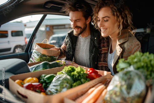 A couple's shared appreciation for sustainable living is captured as they admire their locally sourced groceries in the back of their car, their beaming faces reflecting their commitment to a wholeso photo