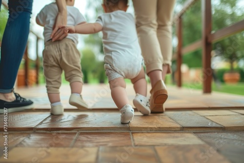 A curious toddler, clad in tiny shoes, takes his first steps on the cold tile surface, bravely exploring the great outdoors with wobbly limbs and an adventurous spirit photo