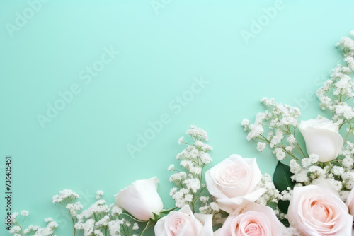 Spring summer floral background. Beautiful white roses border frame on pastel turquoise blue background. Top view, copy space