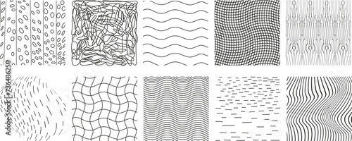 Hand drawn line textures. Includes vector scribbles,grid with irregular, horizontal and wavy strokes,doodle patterns. Isolated Ink lines on a white background. Modern Illustration set of freehand grap