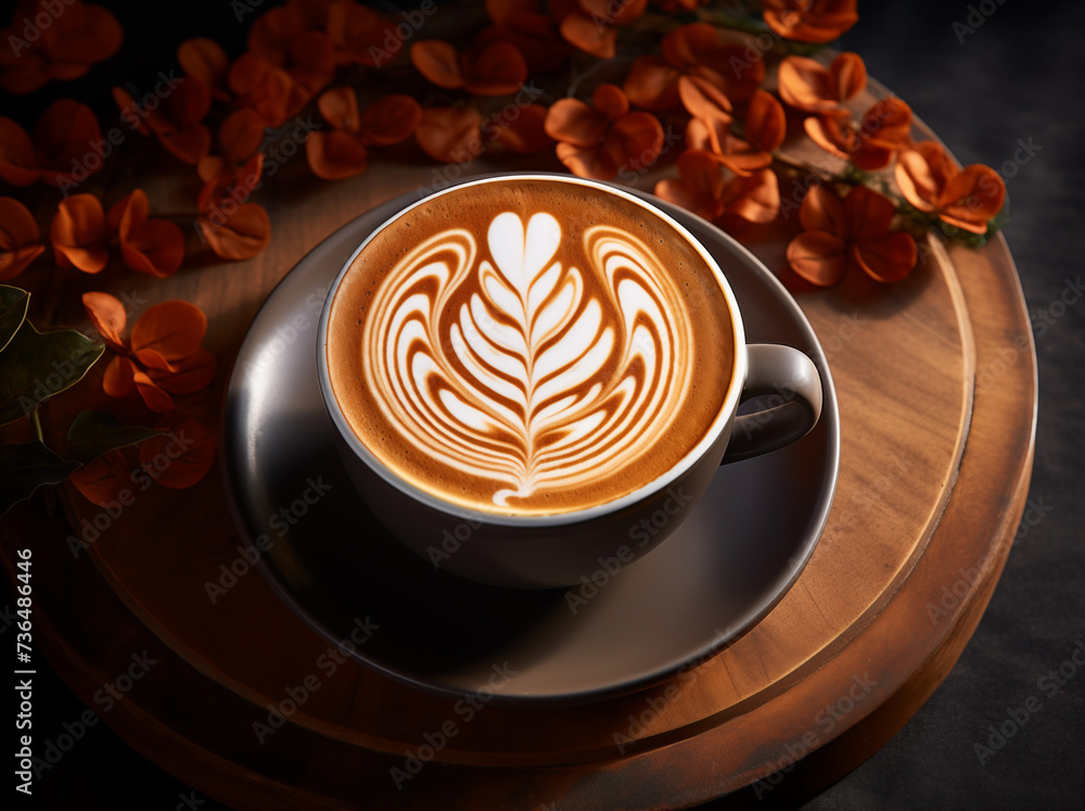 Kaffeetasse mit einem Kaffee und Verzierung durch Milchschaum, Schöne Tasse auf dem Tisch - obrazy, fototapety, plakaty 
