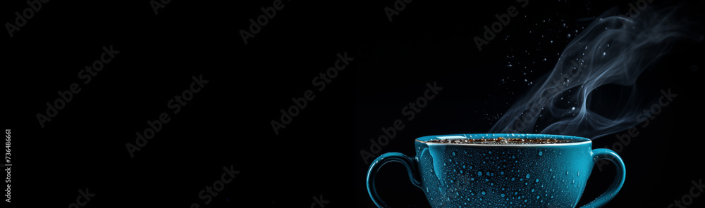 Blaue Kaffeetasse mit heißem Kaffee, Banner Kaffeegenuss, Banner Konzept Kaffee mit Textfreiraum - obrazy, fototapety, plakaty 