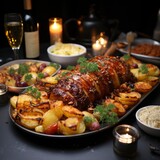 food on the festive table with drinks and candles, Friendsgiving, holiday, party food ideas concept.  square