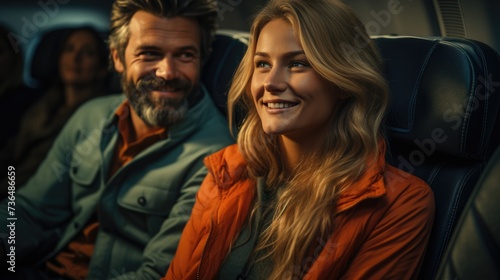 a man and a woman sitting next to each other on a plane, easygoing, smiling couple, portrait shot