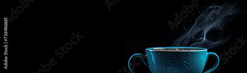 Blaue Kaffeetasse mit heißem Kaffee, Banner Kaffeegenuss, Banner Konzept Kaffee mit Textfreiraum