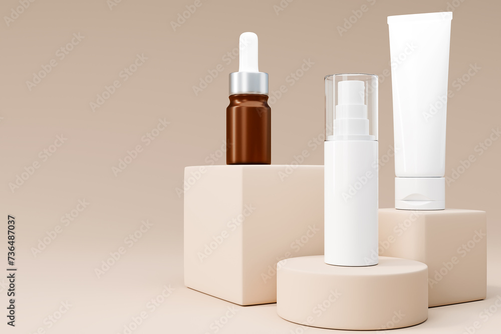 Blank cosmetic bottle mockup on podium beige background, 3d render Blank cosmetic bottle mockup on podium beige background, 3d render