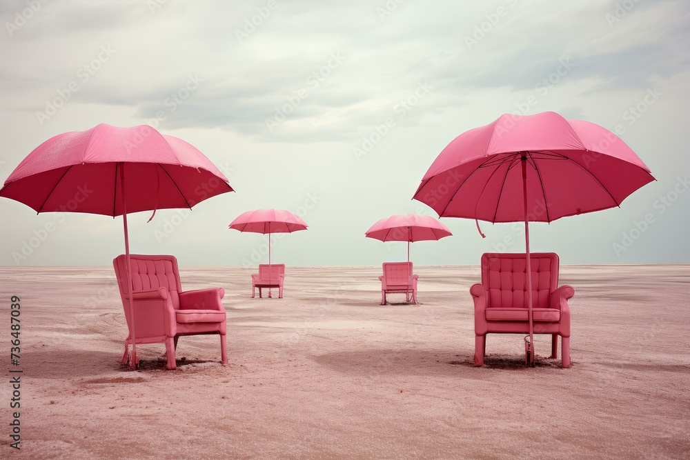 Pink beach surreal umbrella. Art summer. Generate Ai