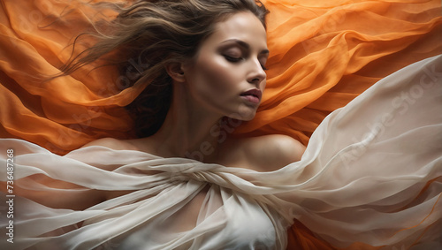 Entspanntes, sinnliches Porträt einer Frau auf orangen Tüchern.