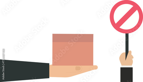 Businessman show prohibition sign to packaging from USA, Export guidelines or Business warning, Packaging inspection or Trade compliance, Business restriction or packaging standards concept,

