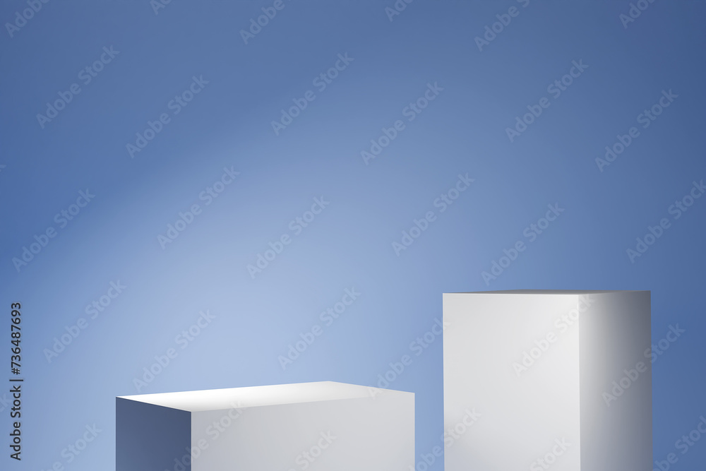 Abstract minimal three podiums on blue background and shadows of tree leaves. Pedestal for cosmetic product, 3d render Abstract minimal three podiums on blue background and shadows of tree leaves. Pedestal for cosmetic product, 3d render