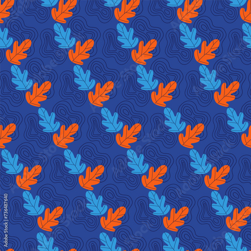 Leaves stylized seamless pattern blue background. Oak leaf floating on the surface of water.