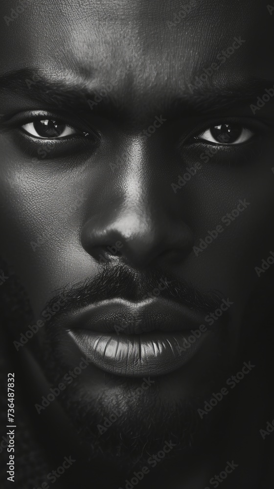 Black and white photo of a handsome African American male, close-up portrait of a man