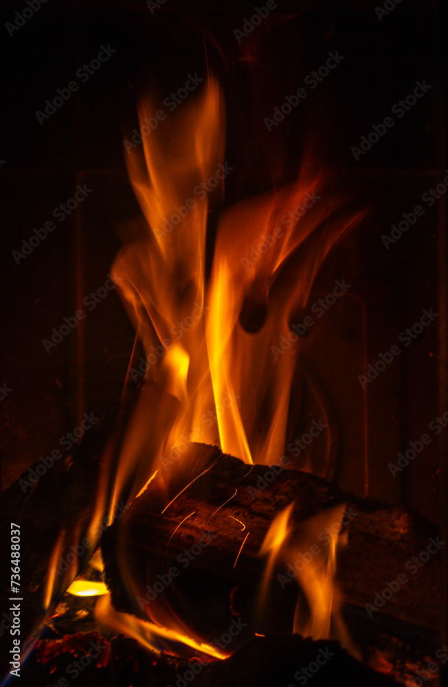 Lit fire in the fireplace