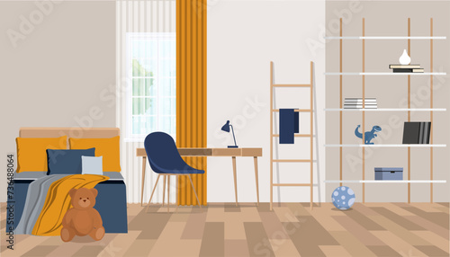 Multifunctional bedroom and workspace interior with bed and desk