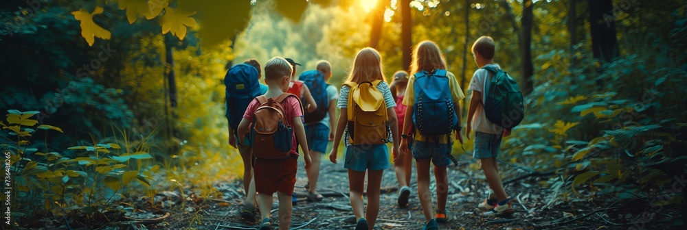 Children with backpacks walking through the forest, school camping trip in the forest - obrazy, fototapety, plakaty 