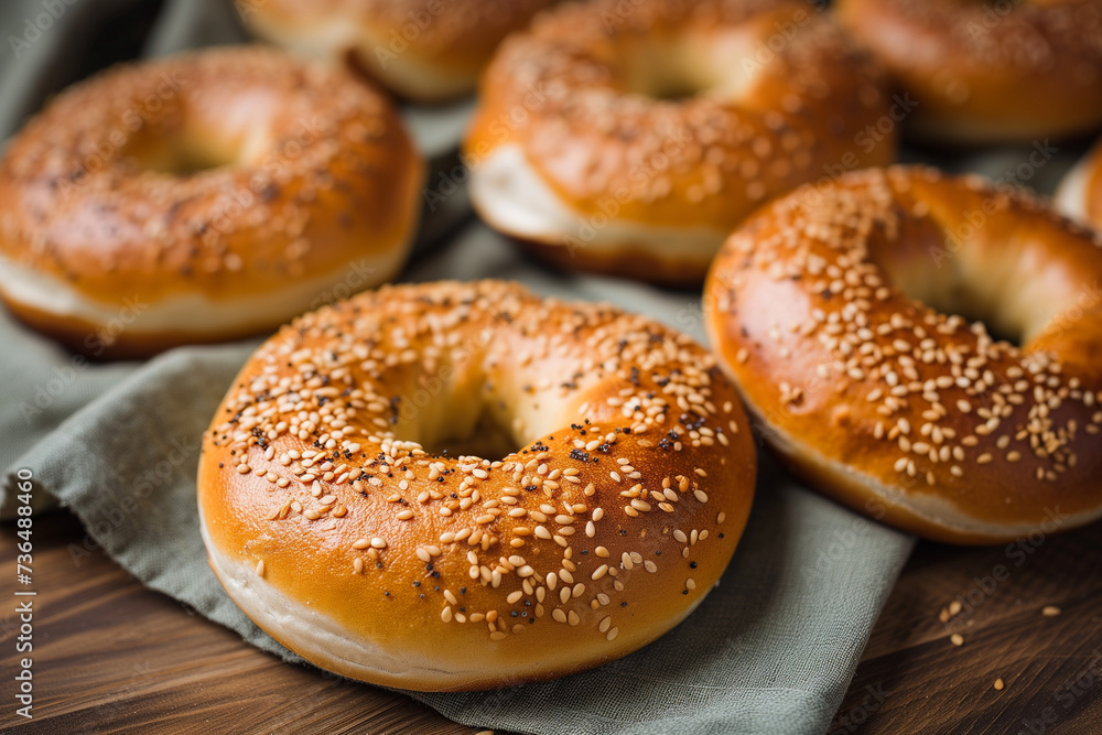 Fresh bagels with seeds, close up