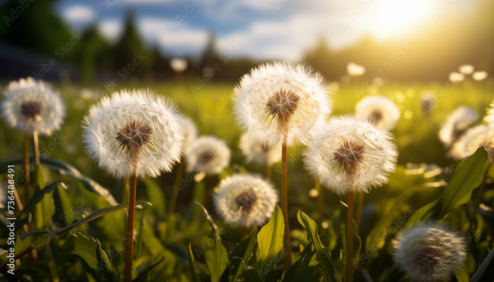 Obraz premium dandelion close up against sunlight background.