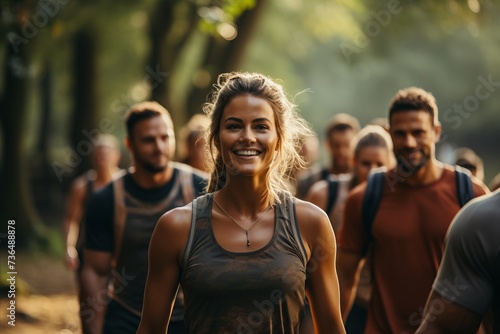 A group of people exercising together in a scenic outdoor location, highlighting the social and physical benefits of group workouts in natural settings.