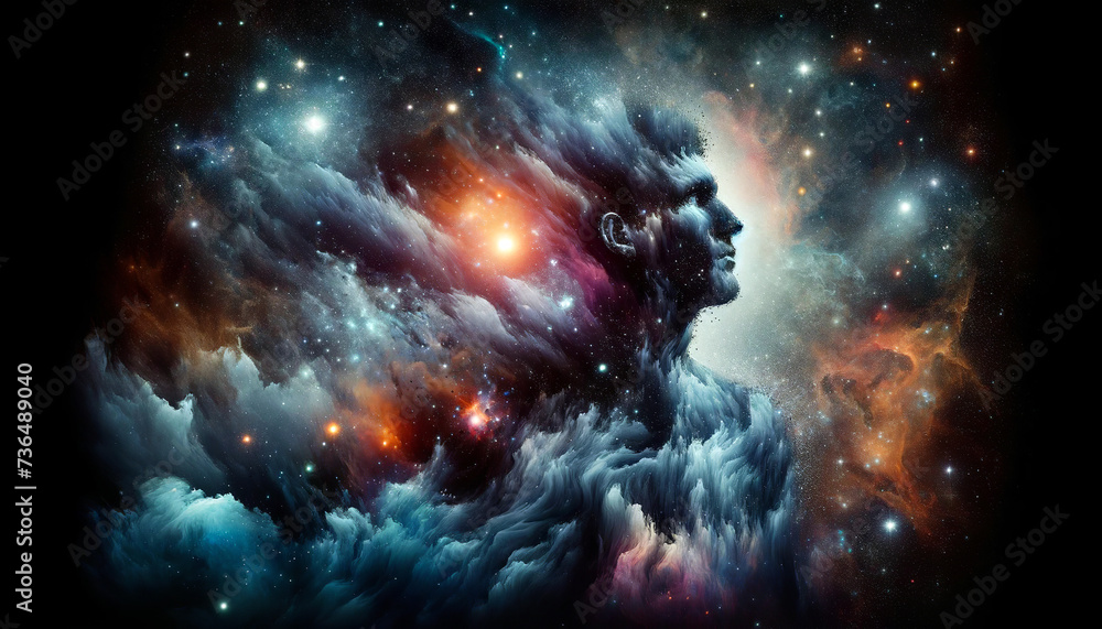 A striking cosmic portrait merging a human silhouette with a star-filled nebula, symbolizing the connection between humanity and the vast universe.Digital art concept. AI generated.