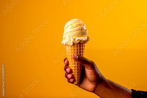 male hand holding vanilla ice cream cone, copy space, space for text