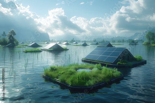 renewable energy, solar panels on a lake 