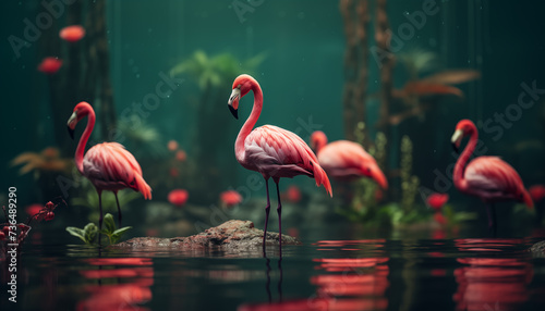 flamingos against a green background. 
