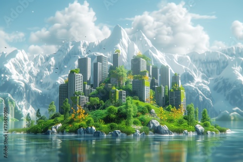 futuristic eco-friendly cityscape with mountains and clouds in the background


