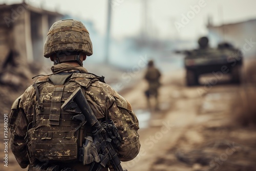 uniformed soldier deployed in a war zone on a mission photo