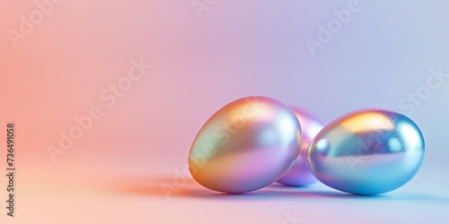 Holographic metallic painted Easter eggs on gradient background with copy space, vivid colorful Easter banner. © Jasper W
