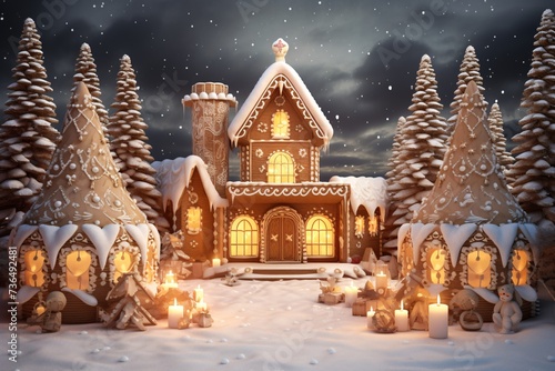 a gingerbread house with trees and candles