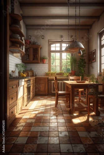 Interior of kitchen in traditional Country style house.