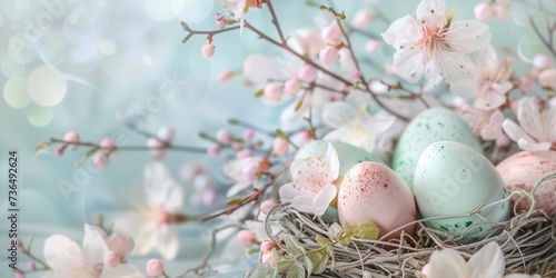 Easter floral composition on nest with pastel color decoration, Easter eggs decoration, eggs in the nest with copy space. photo