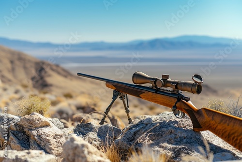 modern rifle with telescopic sight on a rocky desert hill