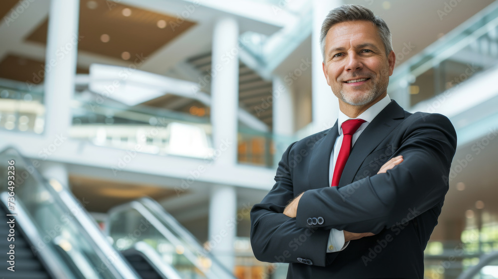 A mature professional smiling confidently in a suit and tie, standing outdoors with a blurred office building background. A mature professional smiling confidently in a suit and tie, standing outdoors with a blurred office building background.