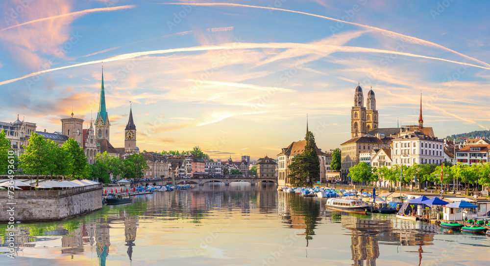 Skyline panorama on the downtown of Zurich and its reflection, Switzerland