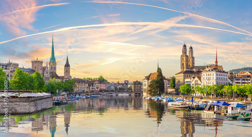 Skyline panorama on the downtown of Zurich and its reflection, Switzerland photo