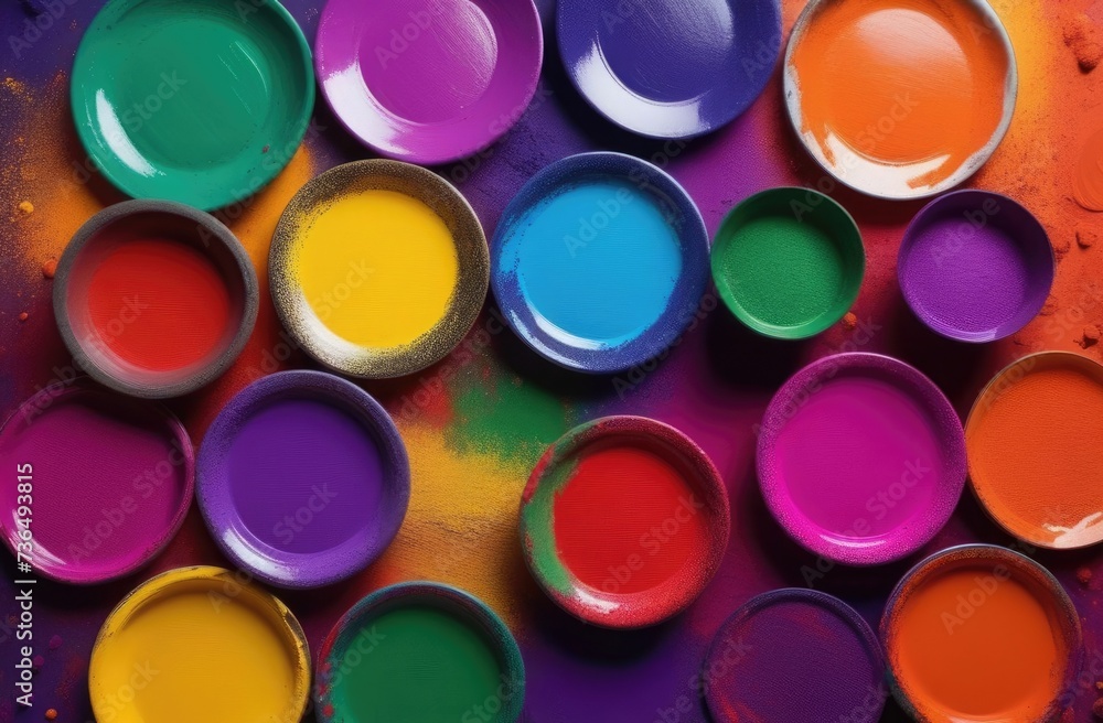 Holi, the festival of spring and bright colors in India, rainbow colors, colorful bright powder, jars of paints, splashes and streaks, top view, abstract background