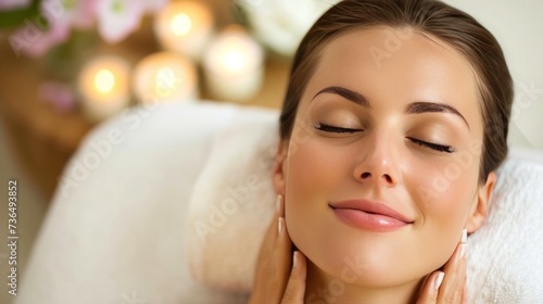 Serene attractive woman enjoying a luxurious spa treatment, her skin glowing under soft lights, embodying relaxation and beauty.