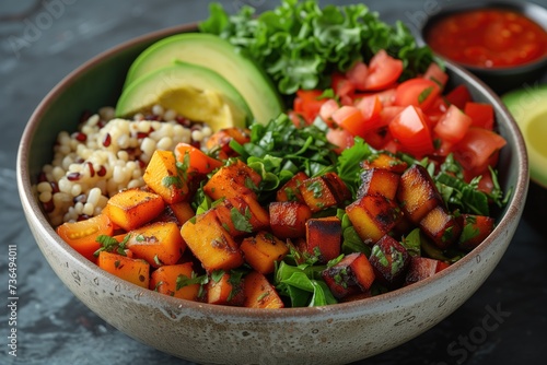 bowl of quinoa, brown rice, sweet potato and fresh avocados