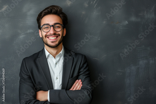 Copy space of a young entrepreneurial businessman, with a dark gray background and a suit with a white shirt, smiling with security and confidence