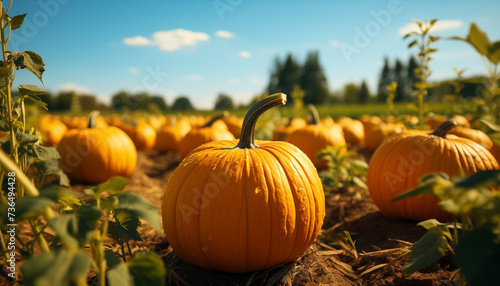 orange ripe pumpkins in the field. agricultural work on the field, harvesting pumpkins.