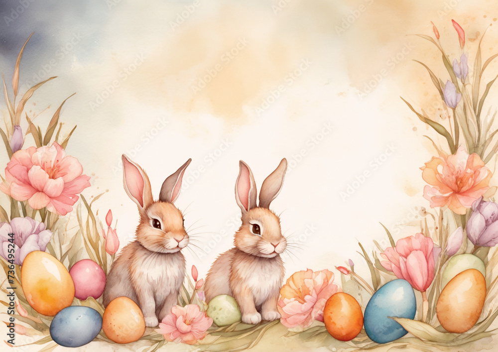 Background for congratulations on Easter with rabbits and a floral frame Background for congratulations on Easter with rabbits and a floral frame