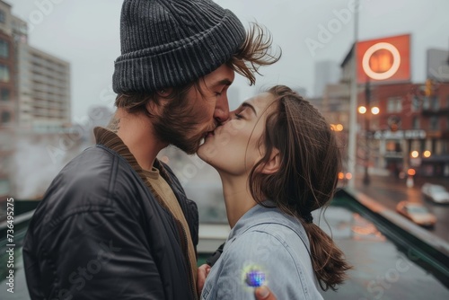 A passionate kiss between a man and woman on a bustling street captures the essence of love, as their fashion accessories intertwine in a romantic display outside a stunning building photo