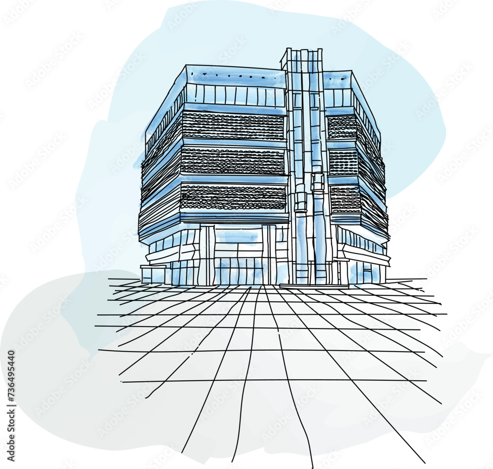 City Hall on left and Skarbek Department Store in Katowice, Poland, Europe, vector illustration