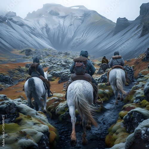 Equestrian Adventure Through Misty Mountainous Terrain
