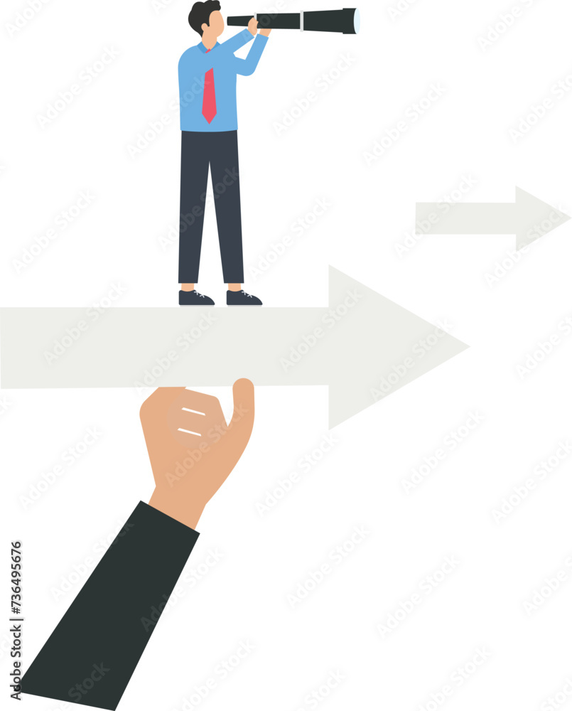 Businessman and a telescope standing on an arrow with a helping hand, Strategic planning and Forward movement concept,
