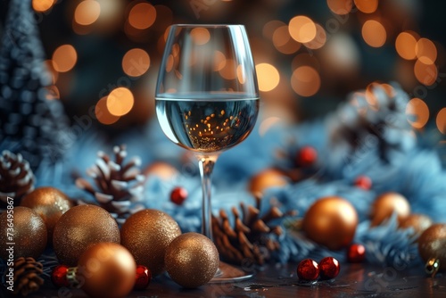 A wine glass is placed on a table adorned with Christmas decorations, surrounded by festive stemware and drinkware